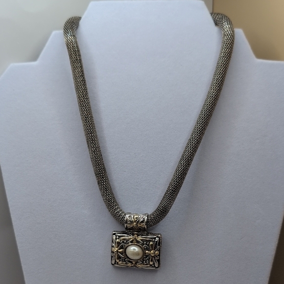 Ornate Silver Necklace with White Stone and Multi-Strand Chain - Picture 1 of 5